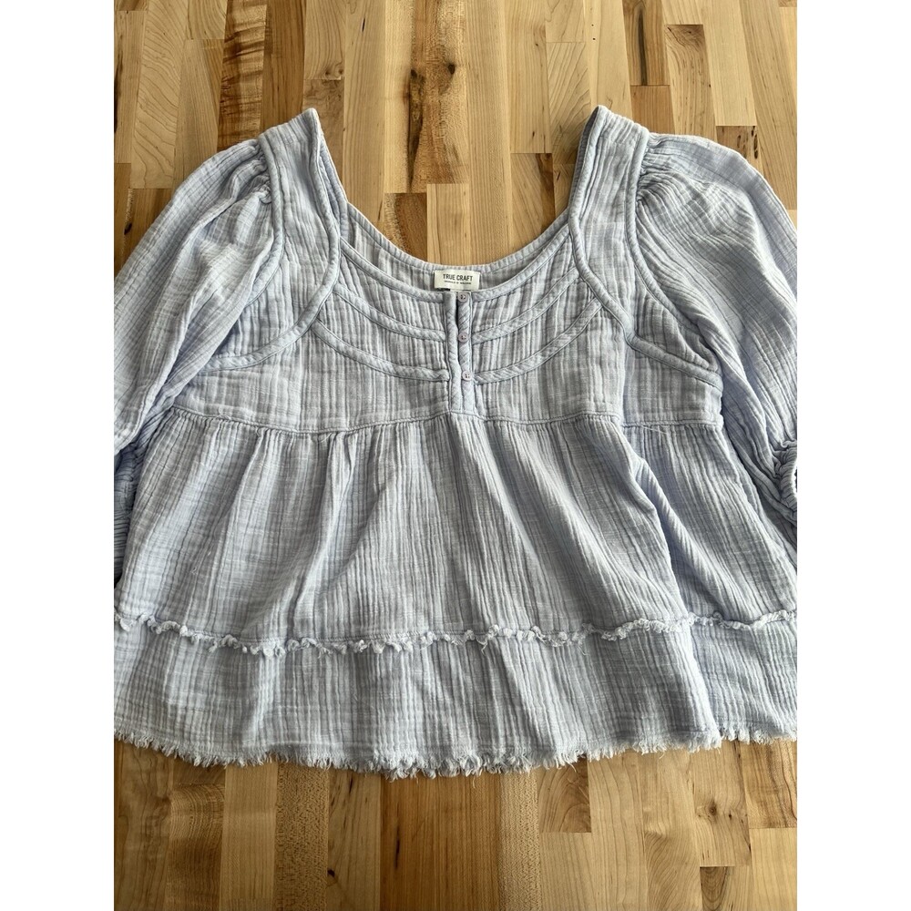 True Craft Plus Size Peasant Top Empire Crinkle Cotton Fringe Baby Blue 0X